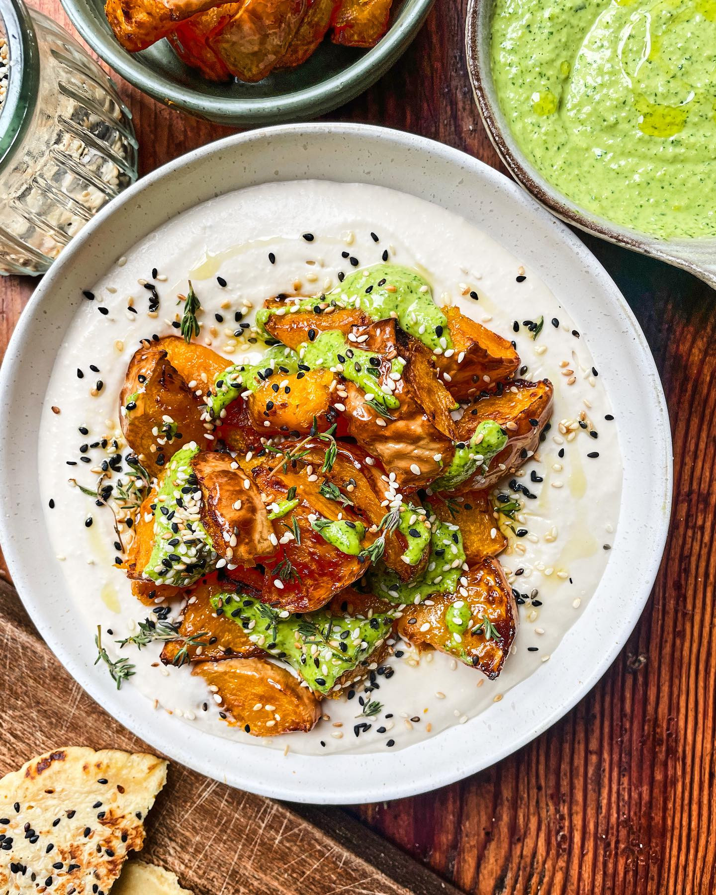 Simple pleasures - my whipped butter bean tahini, roast squash, pesto & toasted seeds!