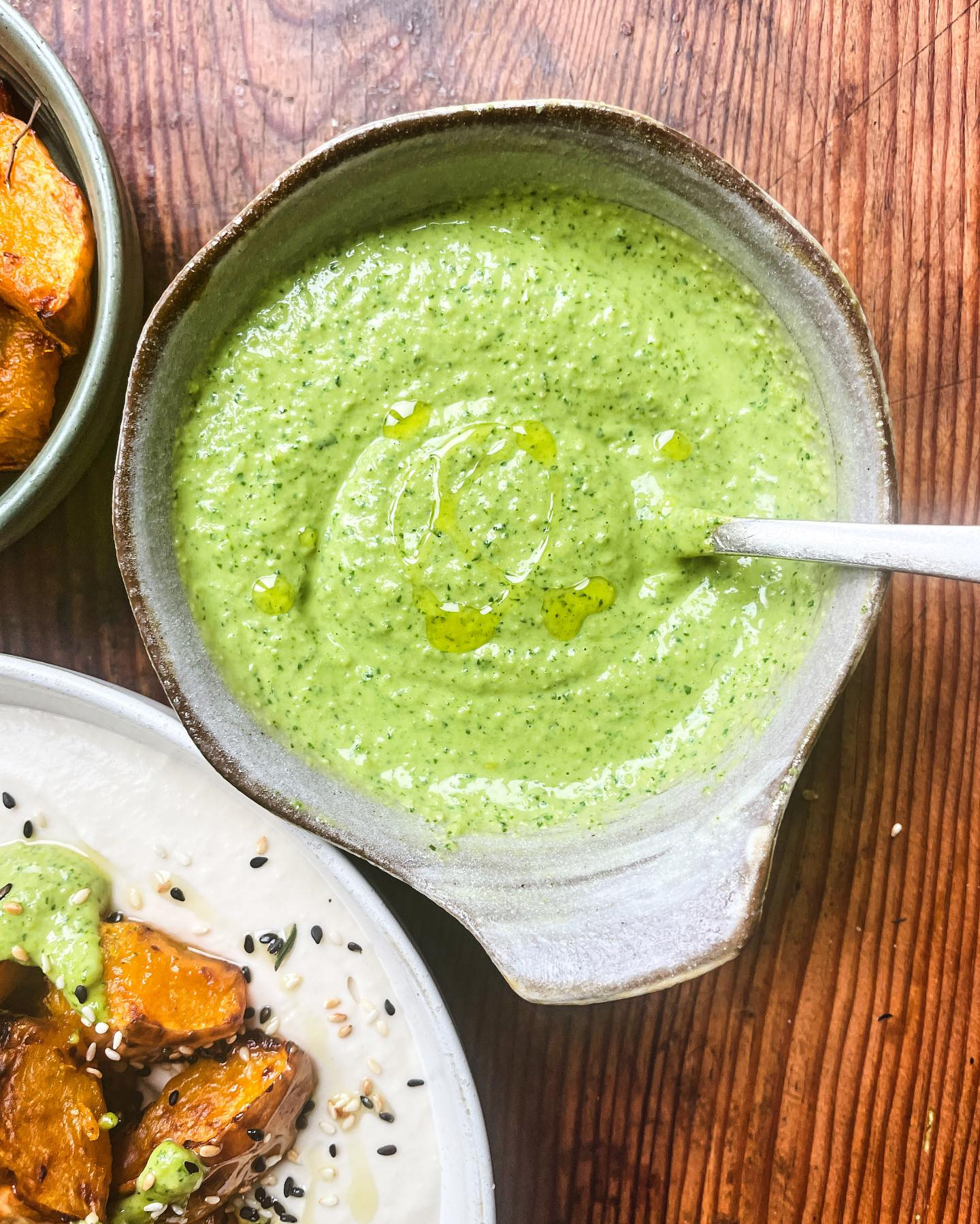 Simple pleasures - my whipped butter bean tahini, roast squash, pesto & toasted seeds!