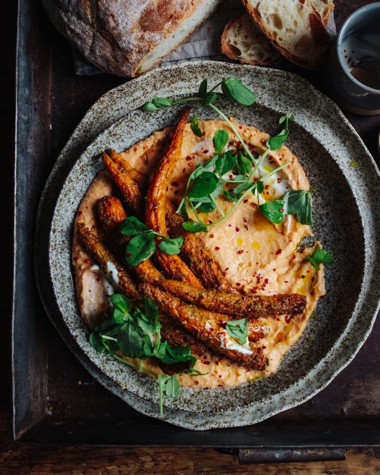 Simple pleasures - Spiced roast carrots on creamy butter bean & tomato dip ❤️