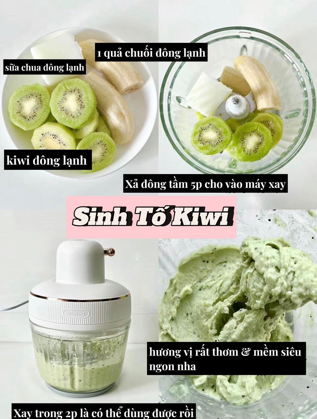 sinh tố dâu chuối, sinh tố kiwi, sinh tố xoài và chuối, sinh tố việt quất