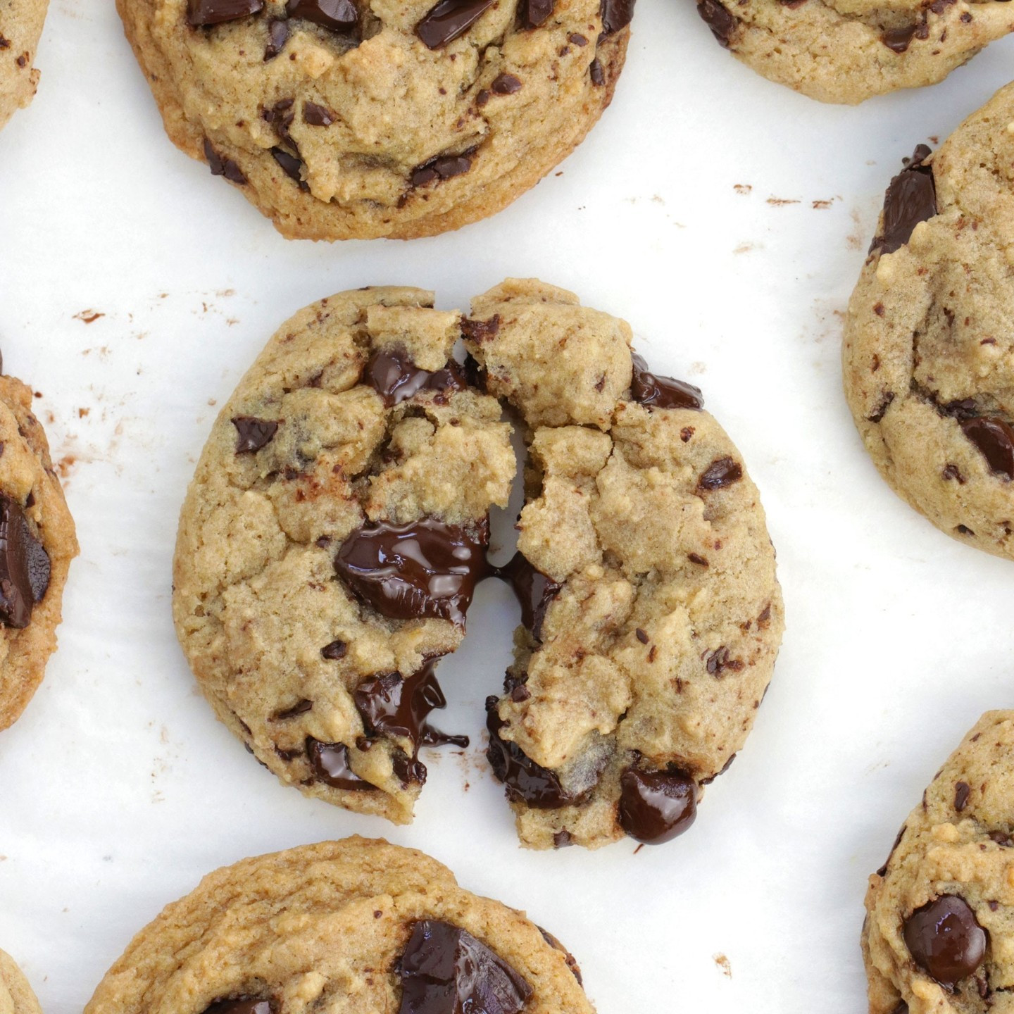 These are hands down the best vegan chocolate chip cookies you will ever make! They are crispy on the outside, and perfectly chewy! They are sweet (but not too sweet), buttery, and oozing with melty chocolate.