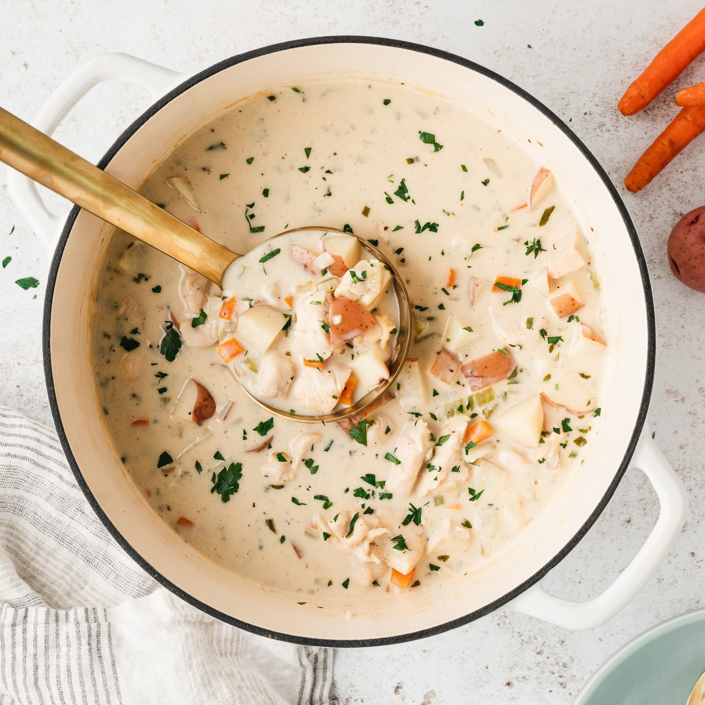 This creamy Chicken Potato Soup recipe is warm, filling, and quick enough for a weeknight meal. Made with tender chunks of chicken, potato, and vegetables simmered in a creamy, herb-infused broth.⁠