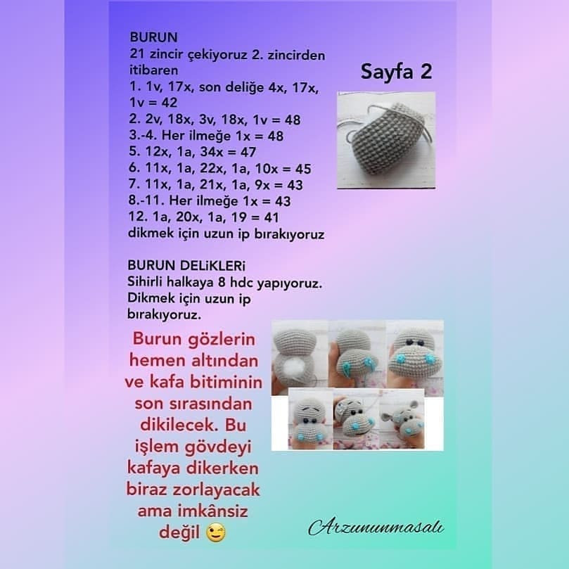 tığ işi deseni mavi burunlu ve pembe bacaklı gri su aygırı.