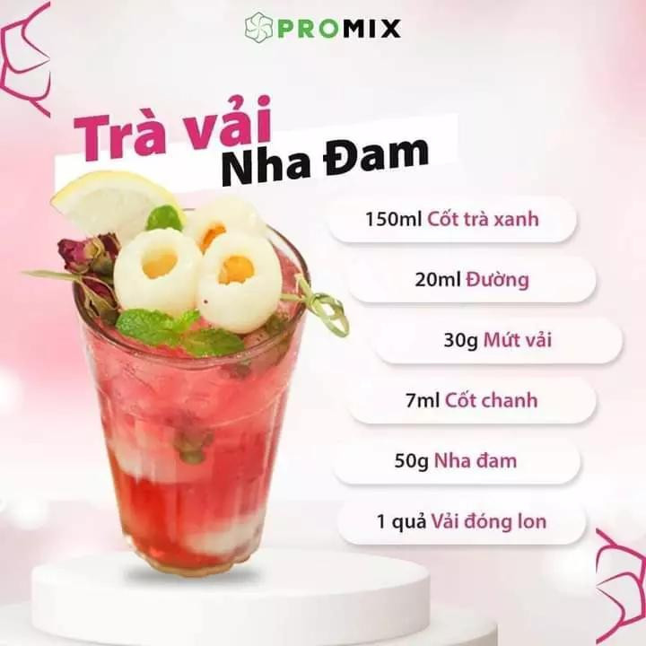 Trà chanh nha đam, trà vải dưa hấu, trà đào, trà vải nha đam, trà tắc nha đam.