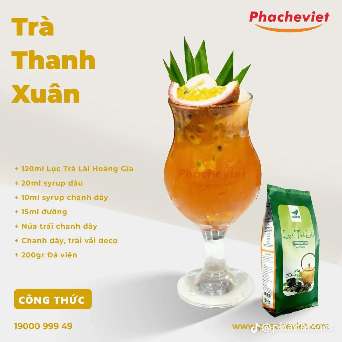 trà xoài machiato, trà vải thanh yên, trà thanh xuân, trà dâu mãng cầu.