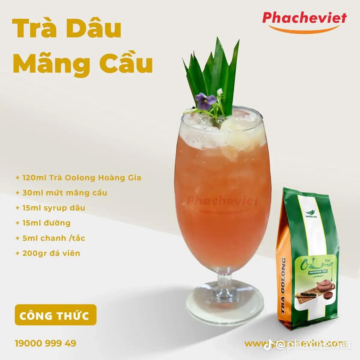 trà xoài machiato, trà vải thanh yên, trà thanh xuân, trà dâu mãng cầu.