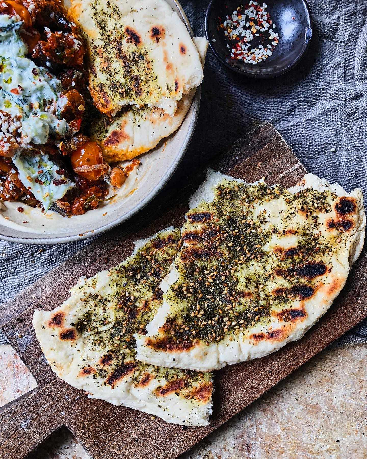 Very much craving my Aubergine Zaalouk with chickpeas and Za'atar flatbreads is incredible- a spiced roast aubergine stew with chickpeas, extremely delicious and more-ish!