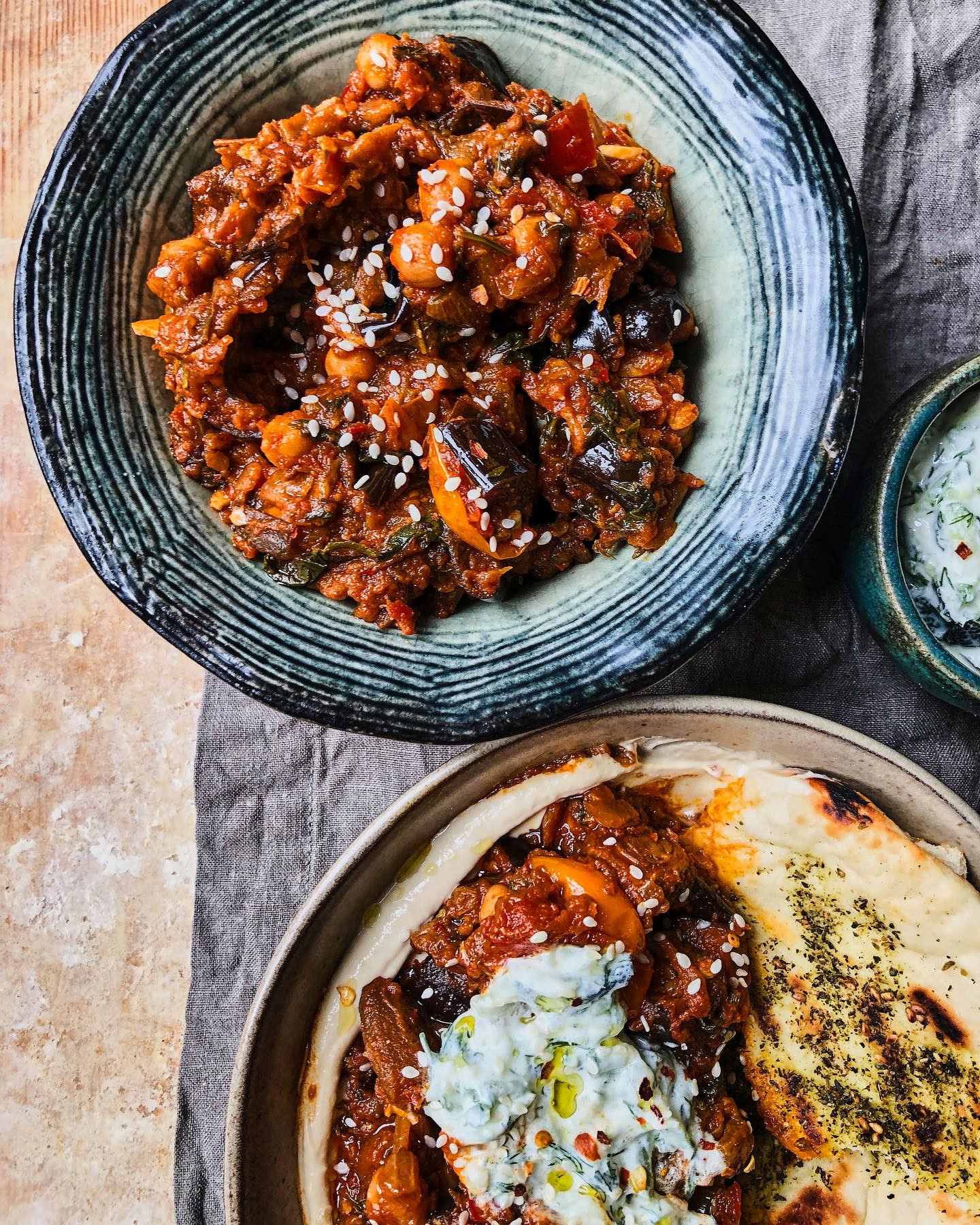 Very much craving my Aubergine Zaalouk with chickpeas and Za'atar flatbreads is incredible- a spiced roast aubergine stew with chickpeas, extremely delicious and more-ish!