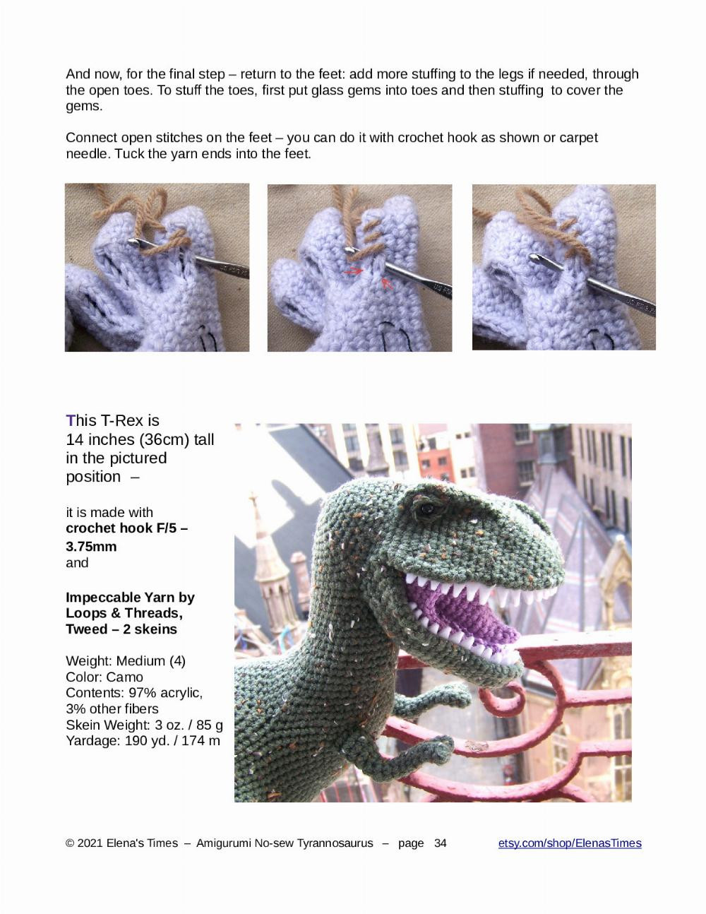 Crochet Amigurumi Pattern – No-sew Tyrannosaurus