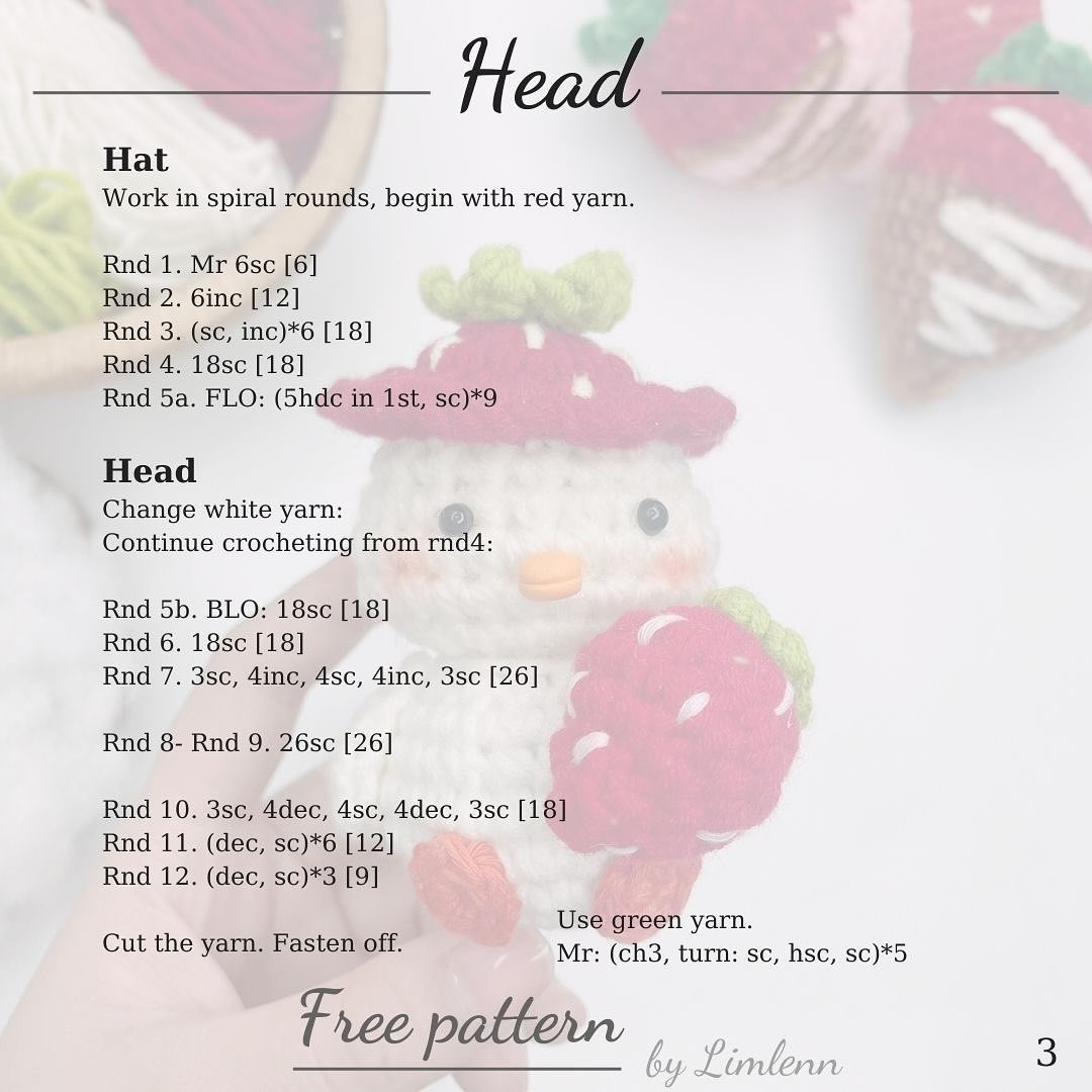 crochet pattern chicken wearing strawberry hat, holding strawberry