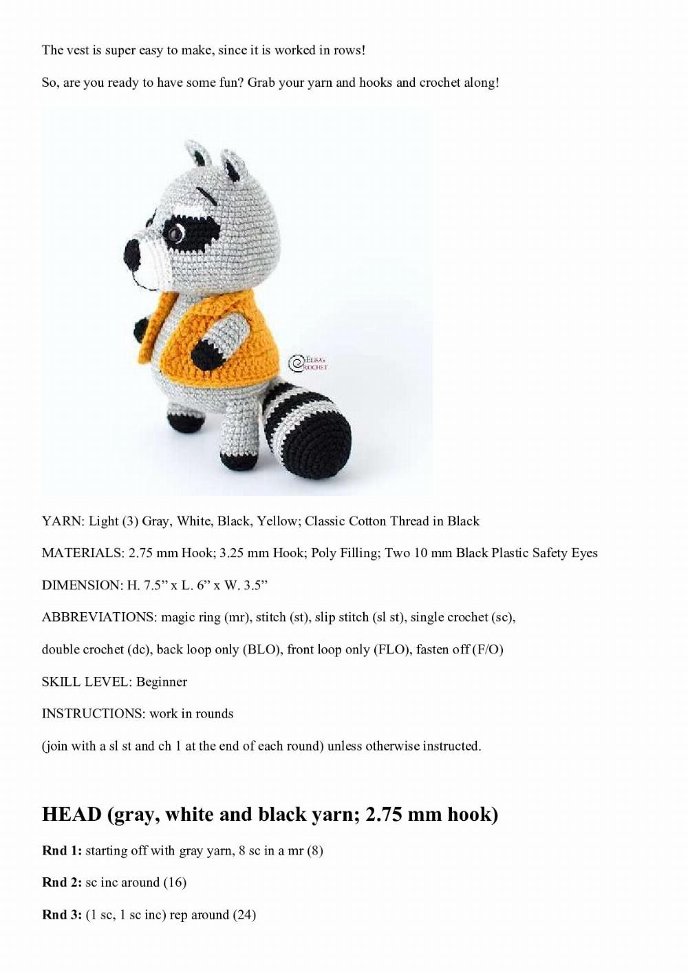 Gigi the Raccoon wear a yellow shirt Free Crochet Pattern