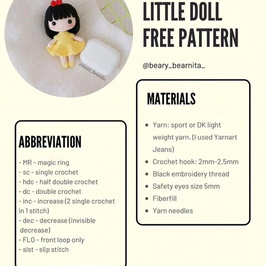 little doll free pattern, crochet doll wearing yellow dress with bow