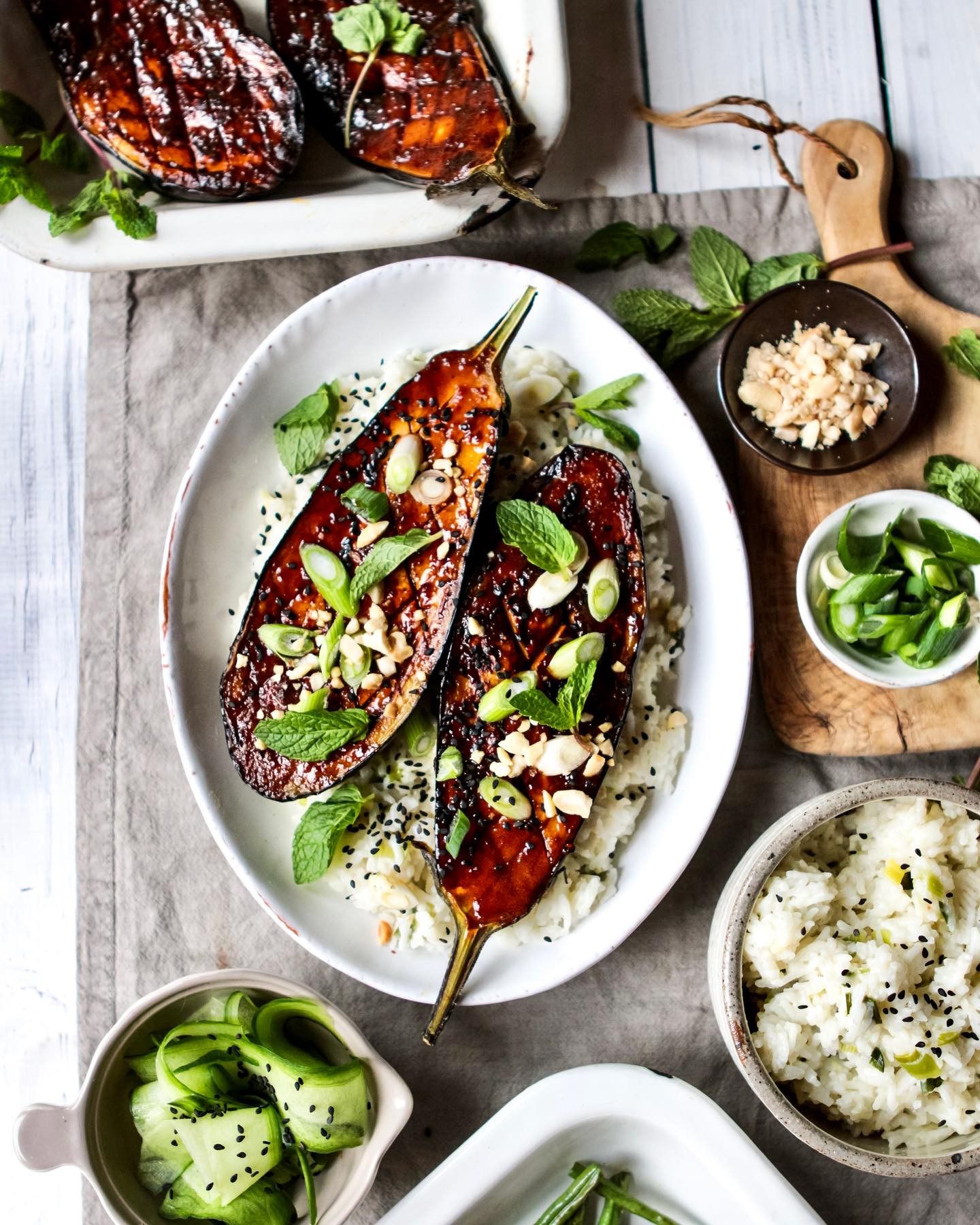 Maple & miso aubergine with sticky coconut rice, green beans