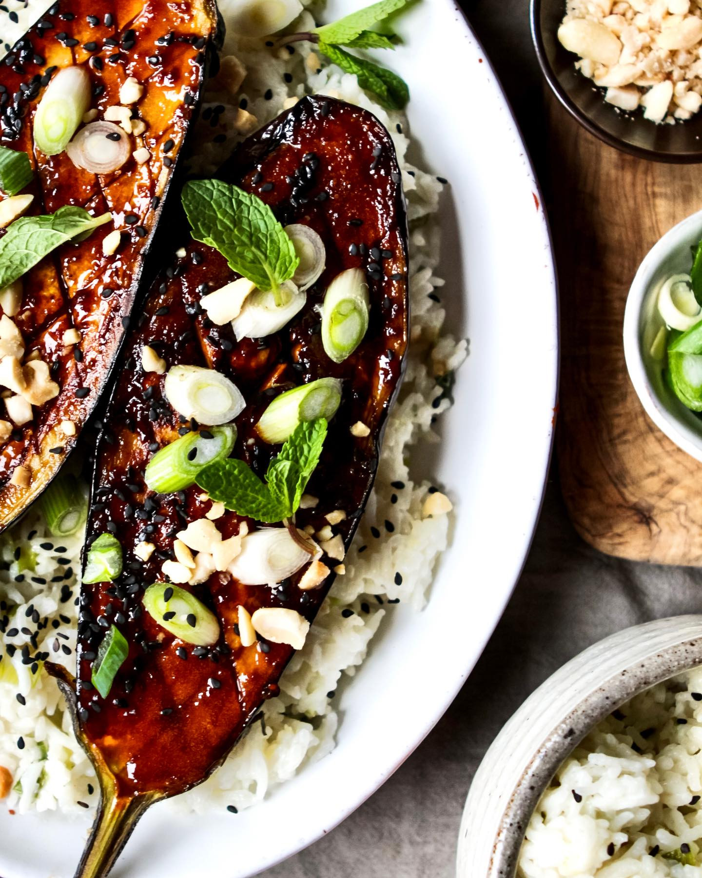 Maple & miso aubergine with sticky coconut rice, green beans