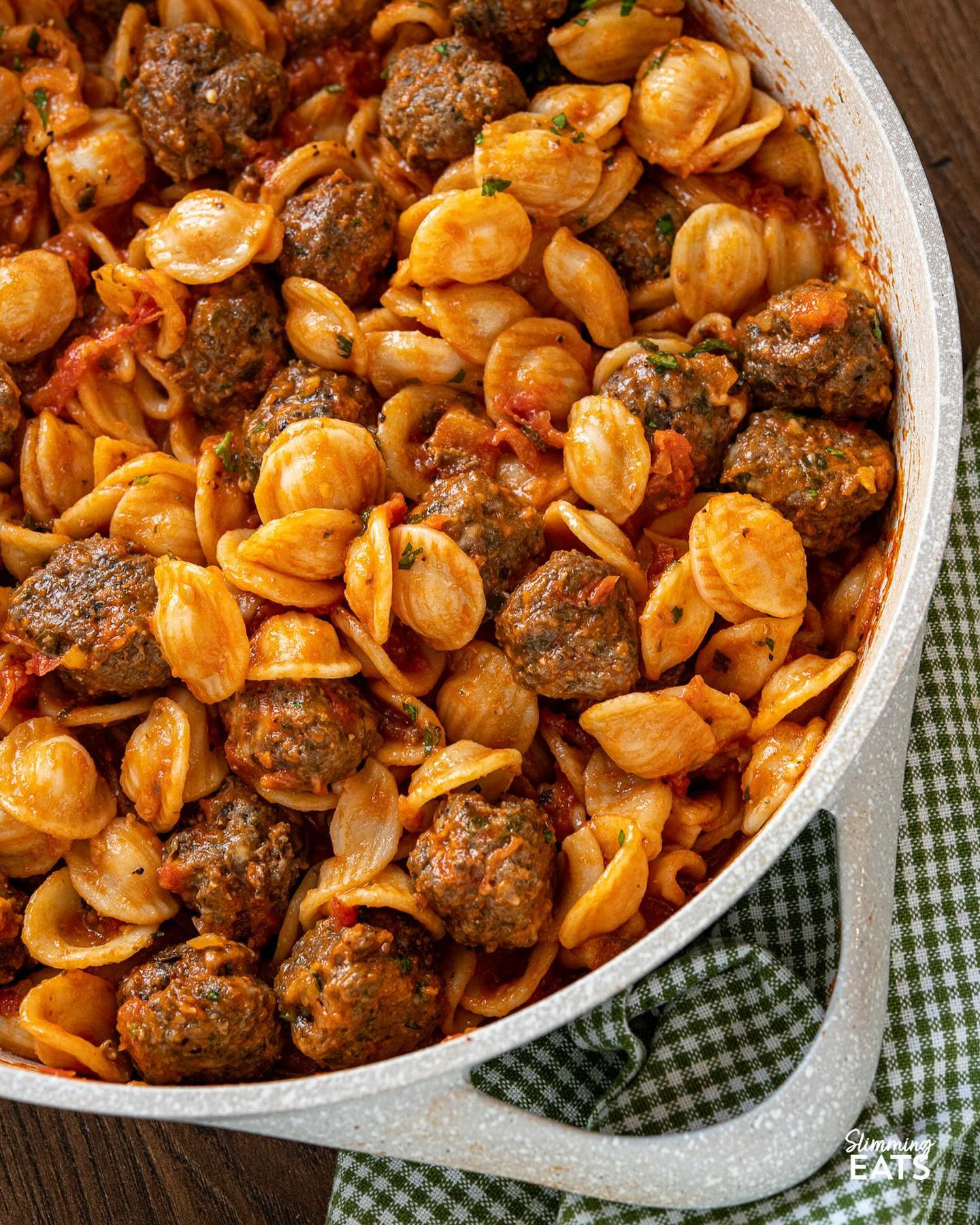 Savoury meatballs with a mixture of ground beef, mushrooms, herbs and parmesan with tender orecchiette pasta in a delicious pasta sauce made from fresh tomatoes and garlic. A hearty comforting meal that is perfect for any occasion.