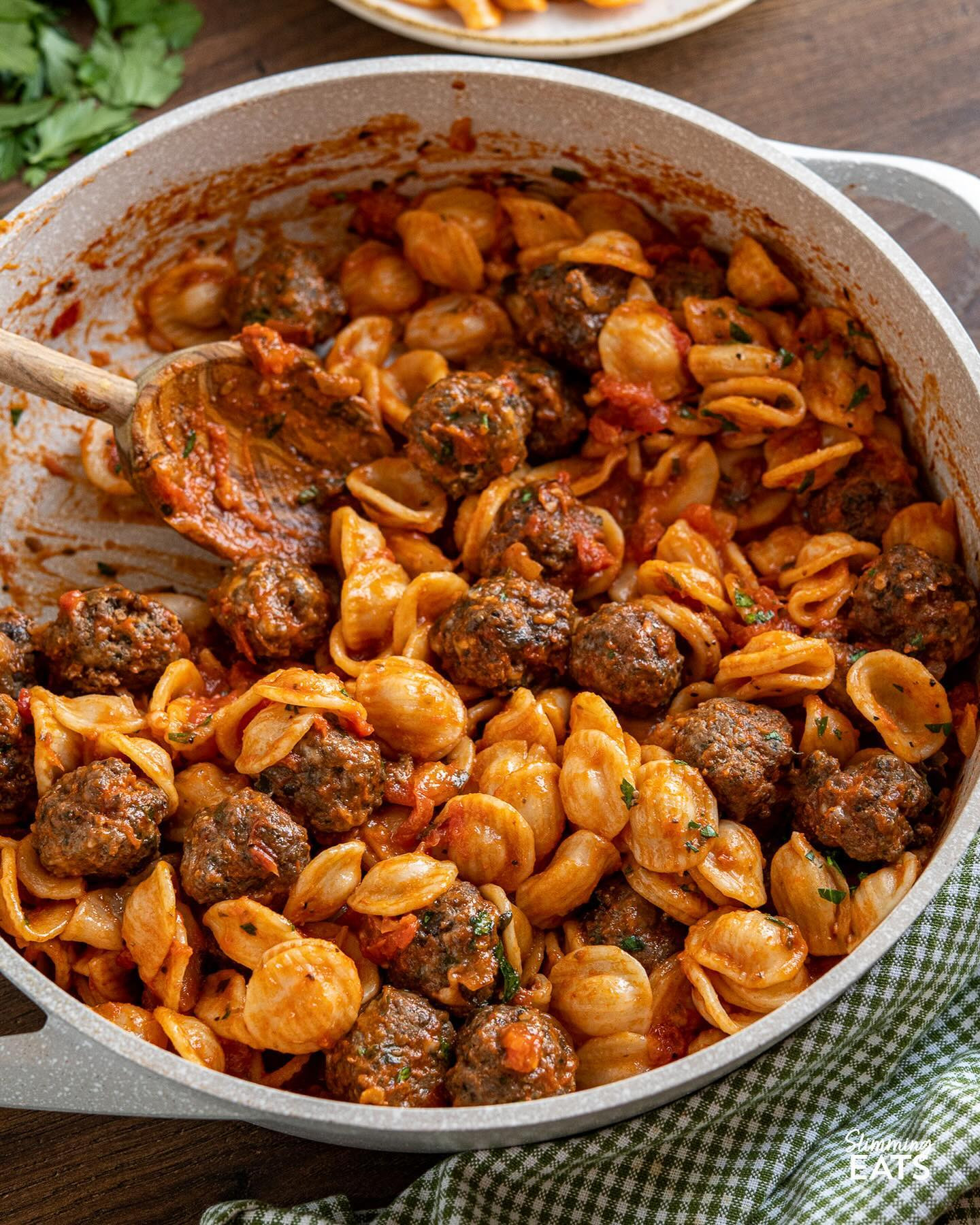 Savoury meatballs with a mixture of ground beef, mushrooms, herbs and parmesan with tender orecchiette pasta in a delicious pasta sauce made from fresh tomatoes and garlic. A hearty comforting meal that is perfect for any occasion.