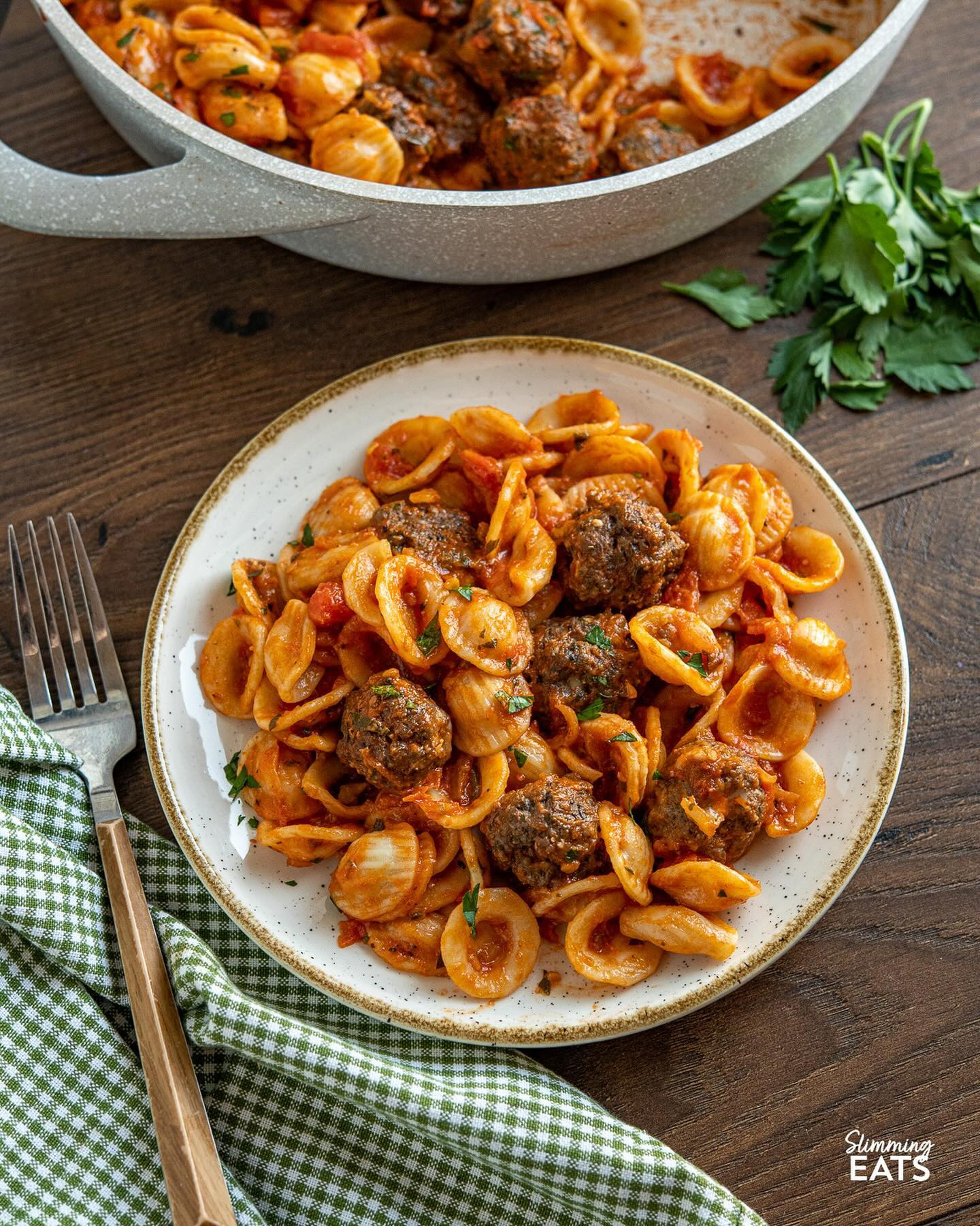 Savoury meatballs with a mixture of ground beef, mushrooms, herbs and parmesan with tender orecchiette pasta in a delicious pasta sauce made from fresh tomatoes and garlic. A hearty comforting meal that is perfect for any occasion.