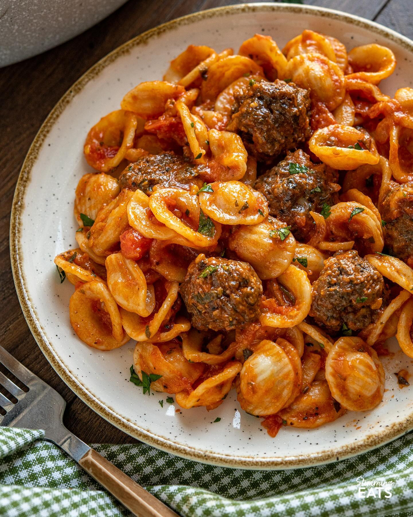 Savoury meatballs with a mixture of ground beef, mushrooms, herbs and parmesan with tender orecchiette pasta in a delicious pasta sauce made from fresh tomatoes and garlic. A hearty comforting meal that is perfect for any occasion.