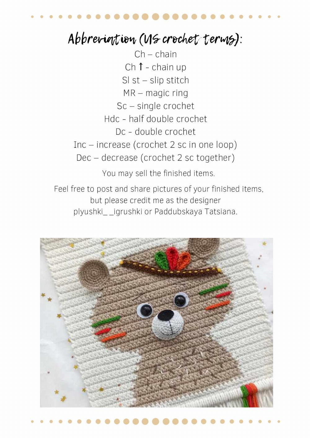 TATSIANA PADDUBSKAYA’S CROCHET PATTERN Wall Hanging "Teddy bear-indian"