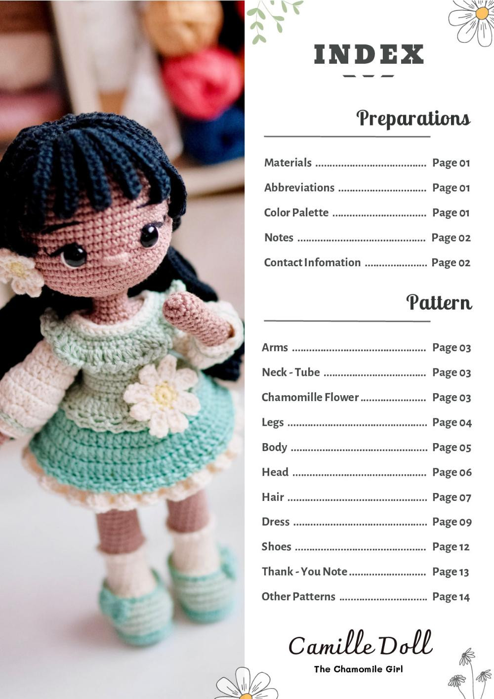 Camille Doll wearing a dress Crochet Pattern