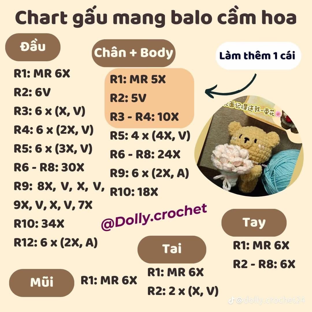 Chart gấu mang balo cầm hoa