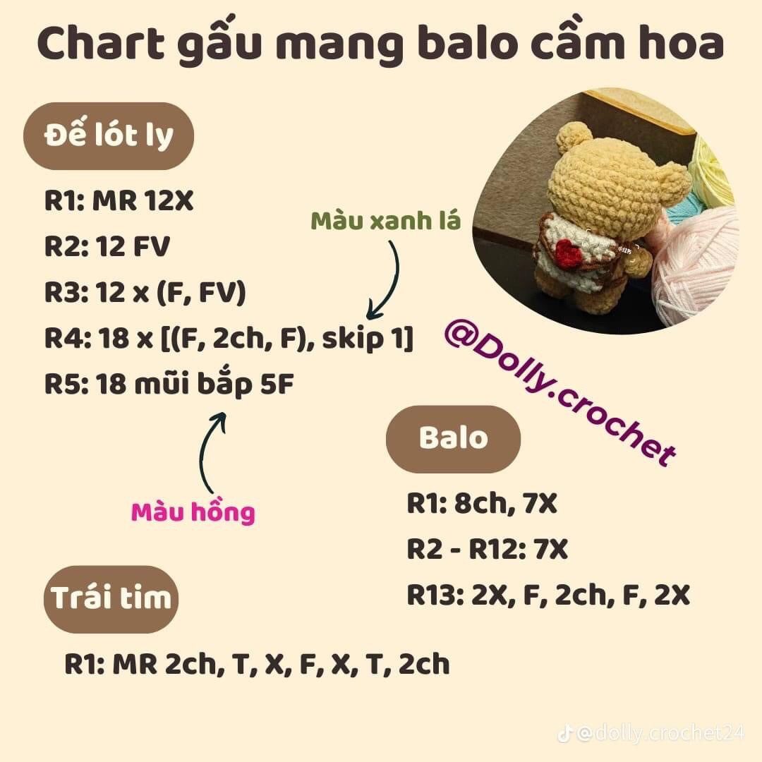 Chart gấu mang balo cầm hoa