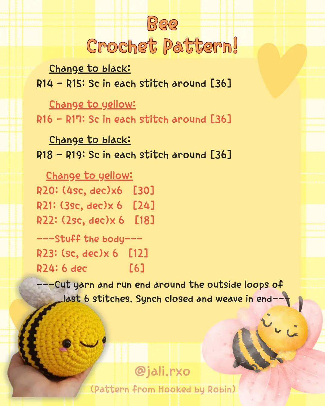 Crochet pattern for yellow bee with white wings and black eyes