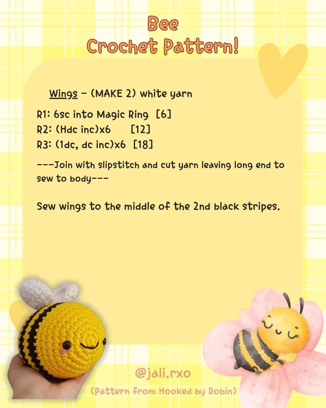 Crochet pattern for yellow bee with white wings and black eyes