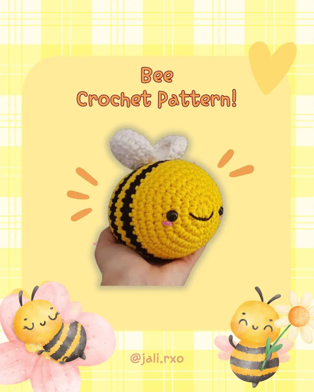 Crochet pattern for yellow bee with white wings and black eyes