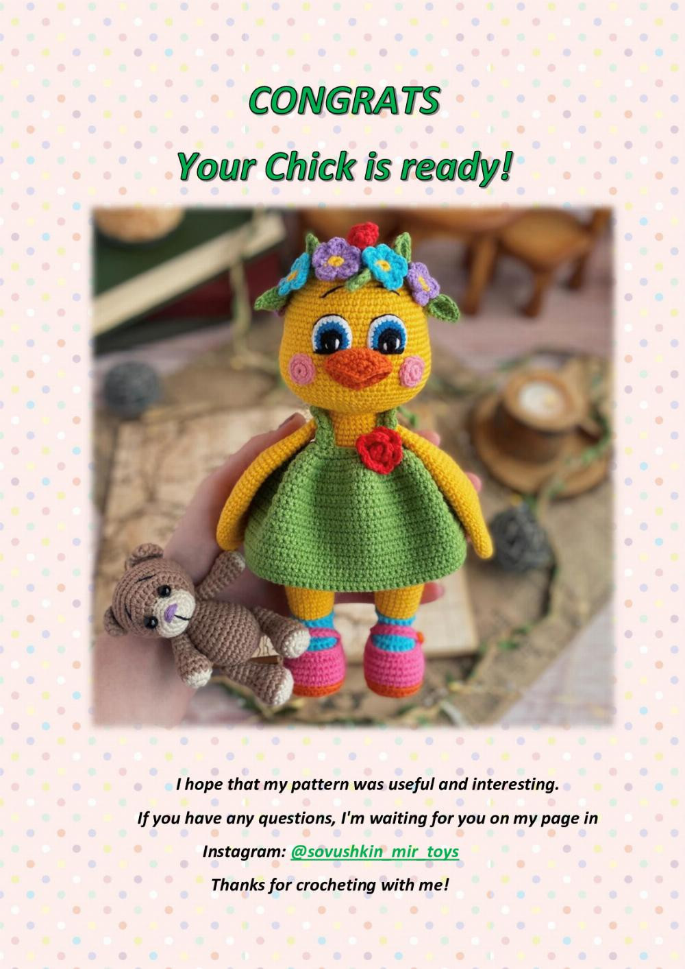 crochet pattern yellow chick wearing a dress