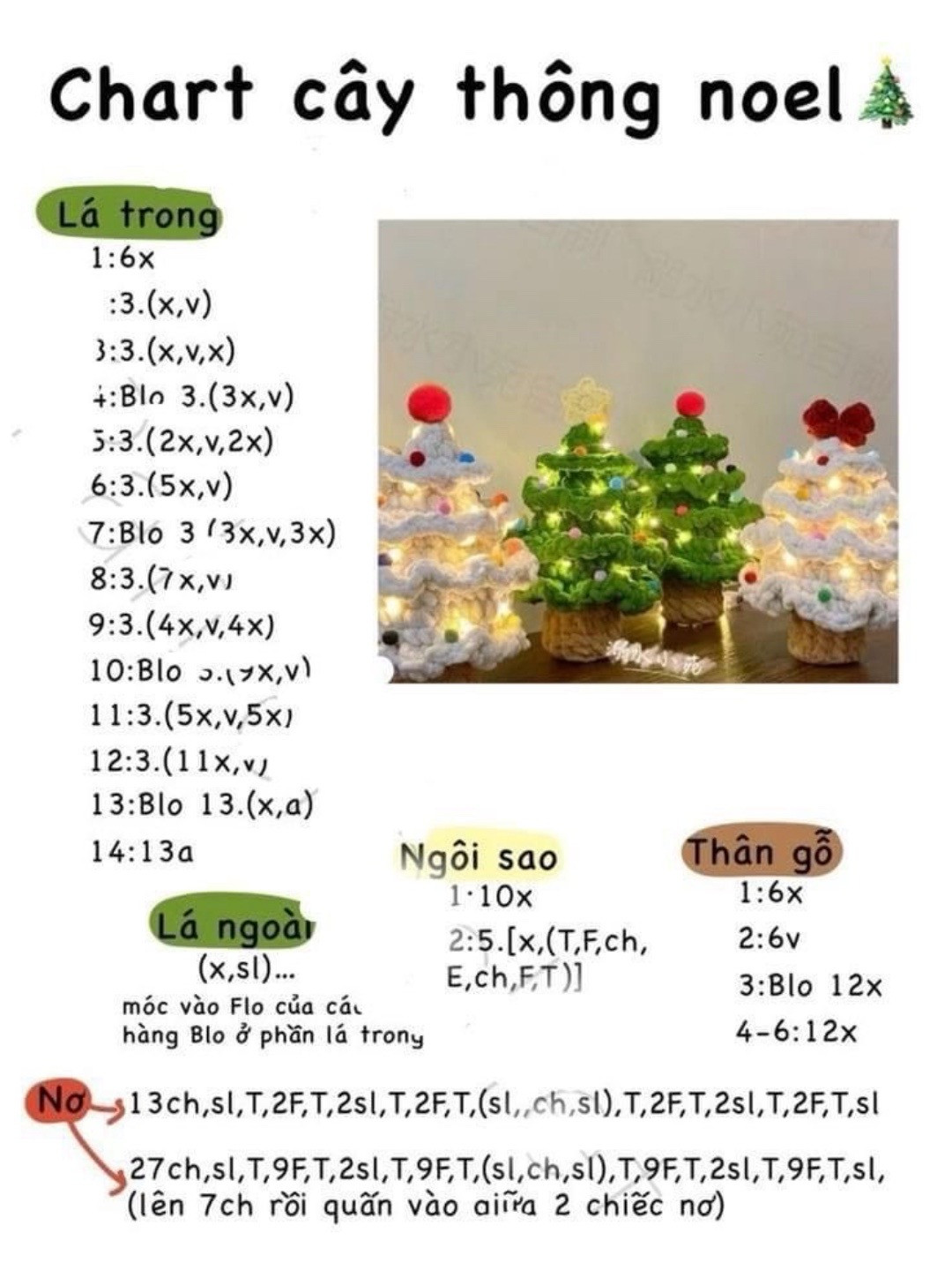 Chart móc len cây thông noel màu trắng, màu xanh