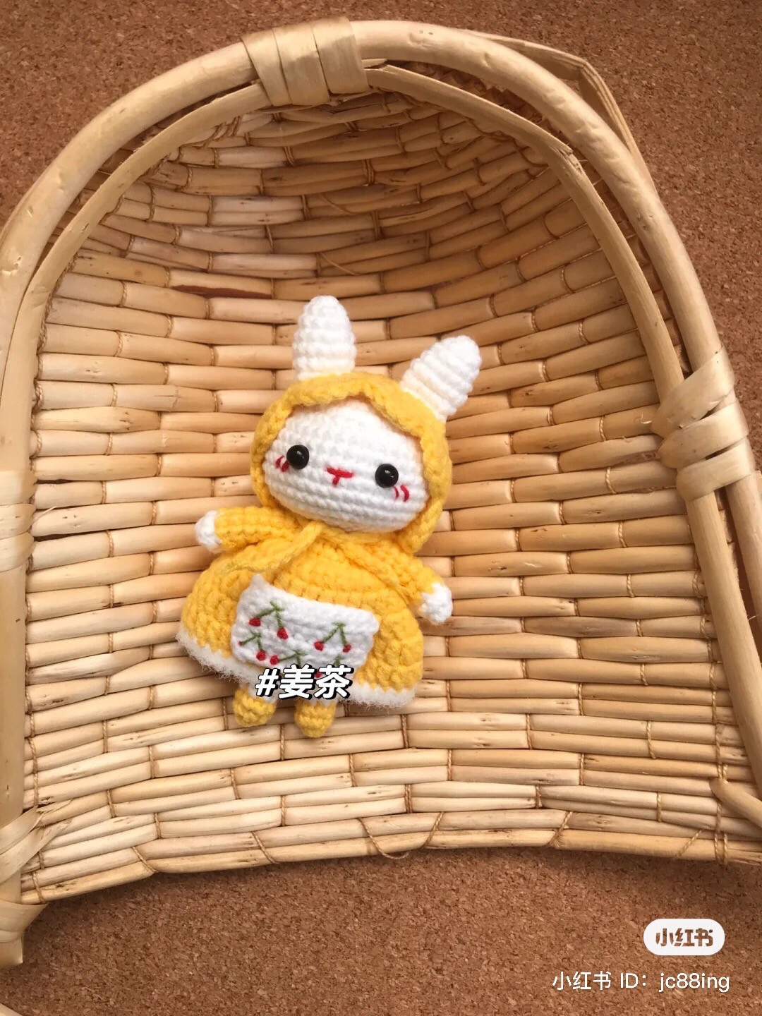 crochet rabbit wearing dress and hood