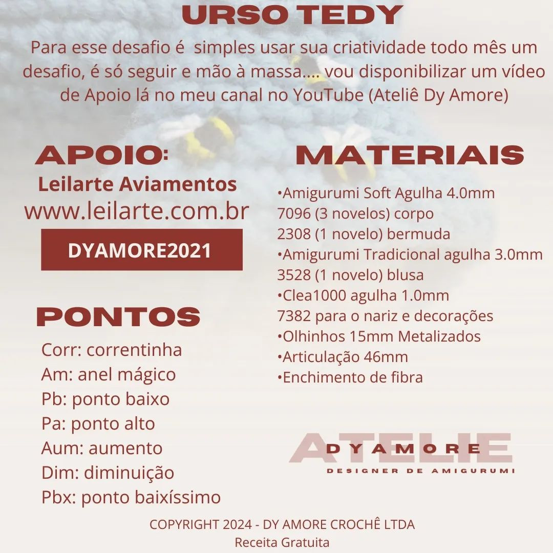 RECEITA GRATUITA Urso Tedy

👉 Uma pequena OBSERVAÇÃO: nas carr 18 e 20 do corpo não será aum e sim dim....
18- 7pb e 1dim (6x)(48)
20- 6pb e 1dim (6x)(42)