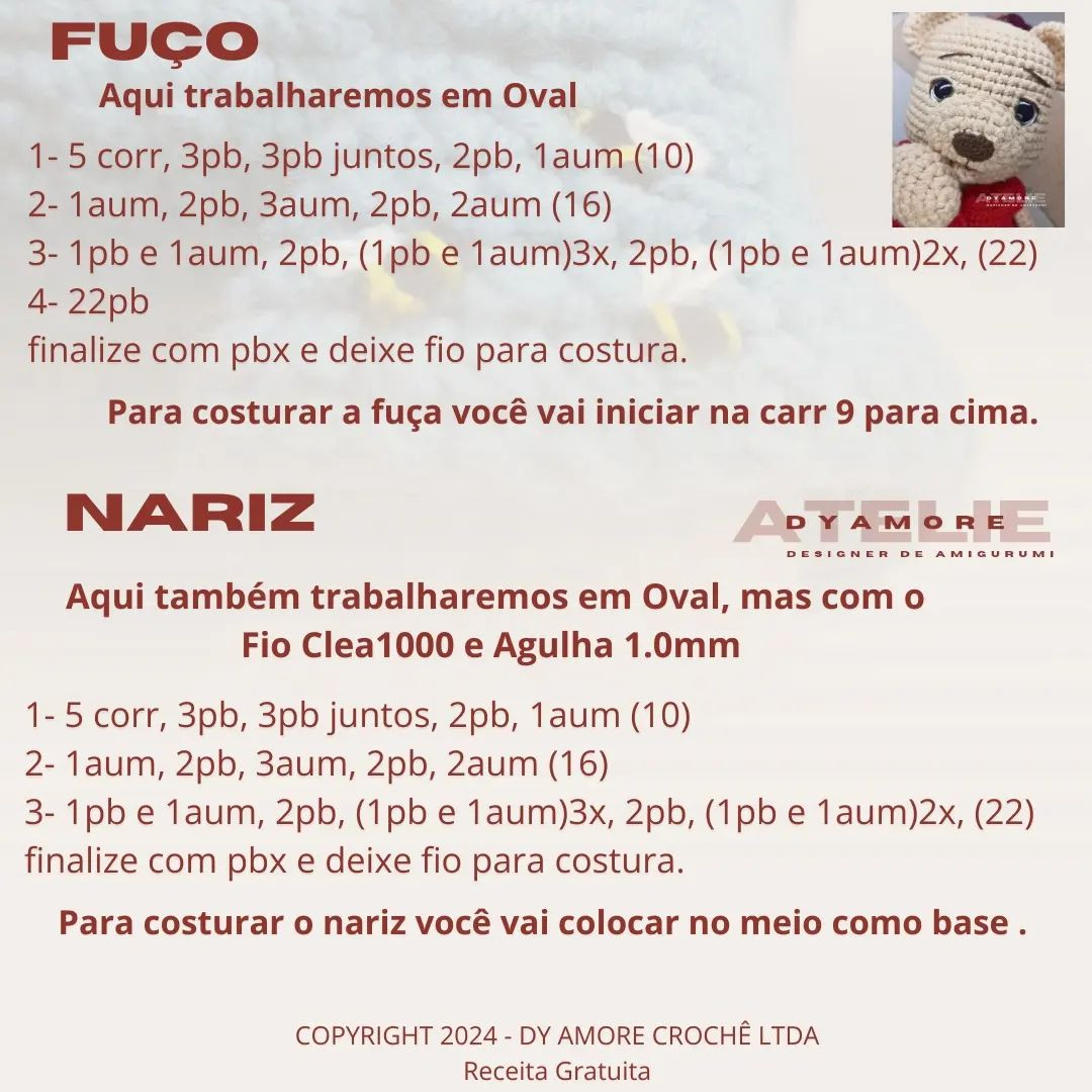 RECEITA GRATUITA Urso Tedy

👉 Uma pequena OBSERVAÇÃO: nas carr 18 e 20 do corpo não será aum e sim dim....
18- 7pb e 1dim (6x)(48)
20- 6pb e 1dim (6x)(42)