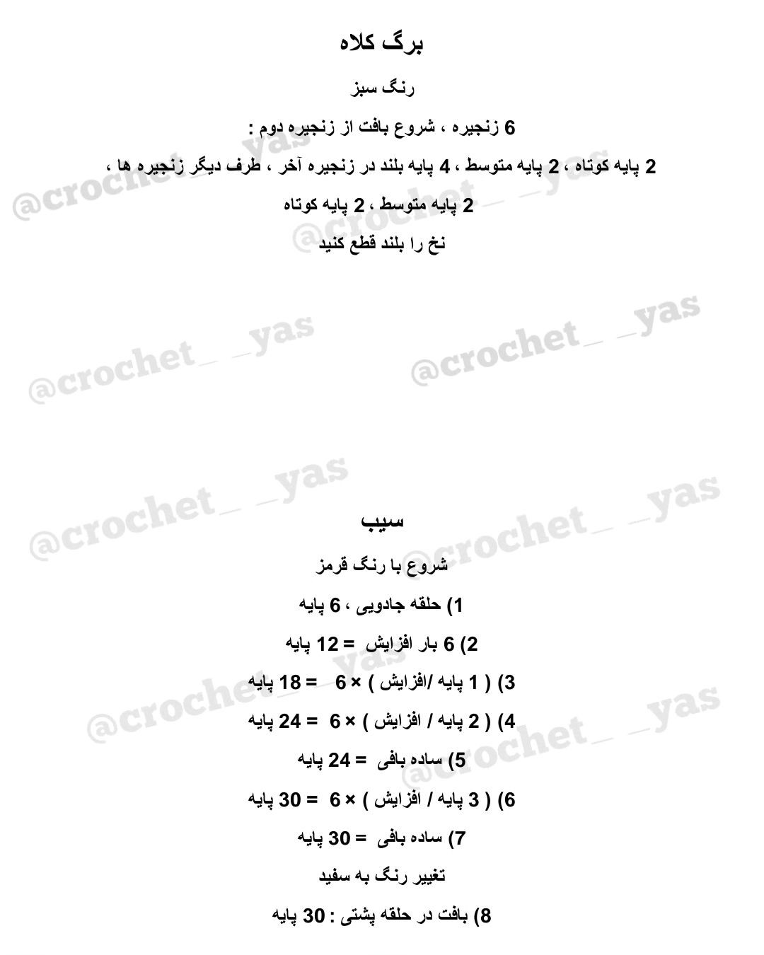 الگوی قلاب بافی برای عروسکی که کلاه سیبی و گردنبند سفید بر سر دارد