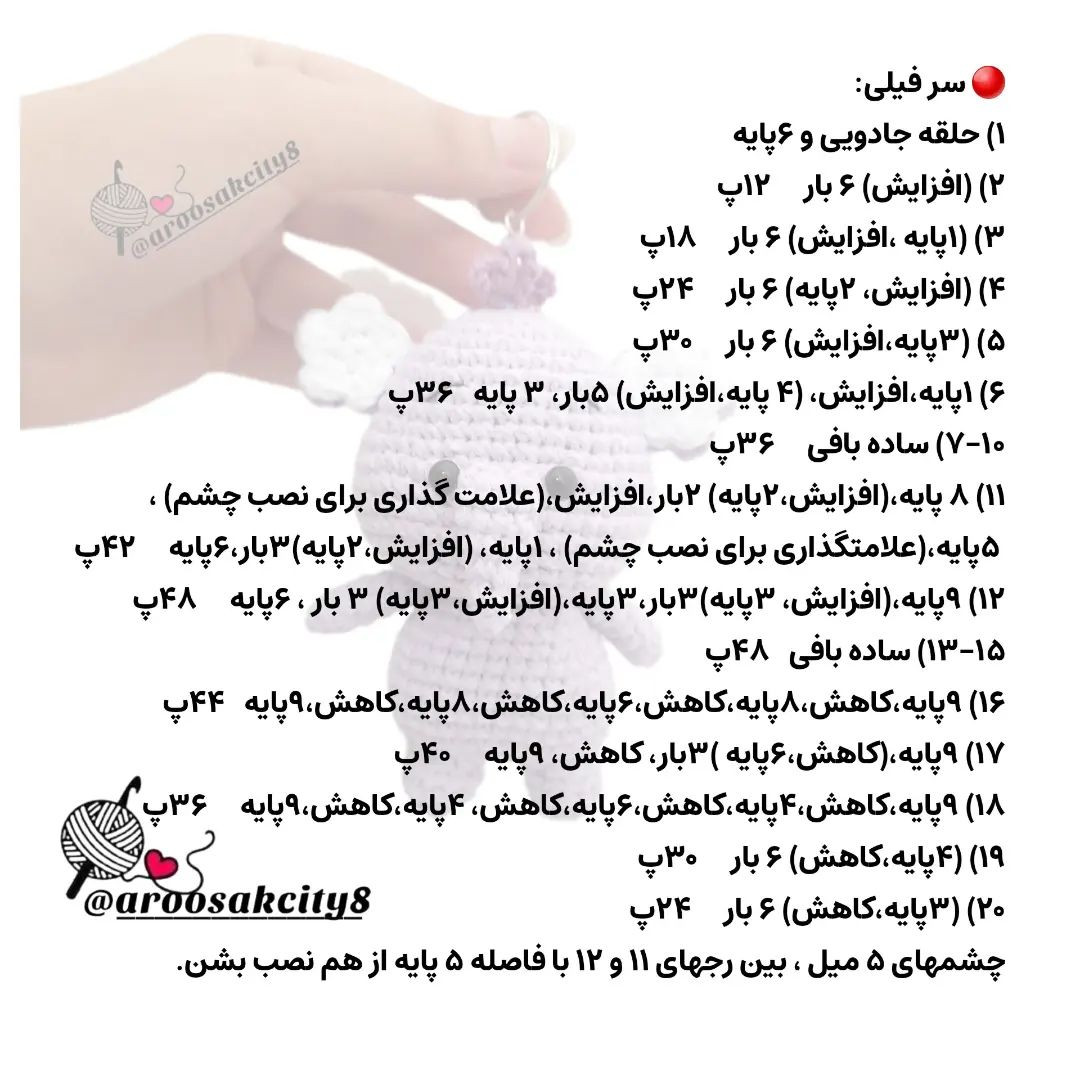 الگوی قلاب بافی جاکلیدی فیل خاکستری، گوش هایی به شکل گل.