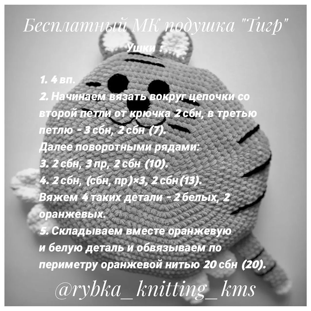 Бесплатное описание подушки тигра от автора @rybka_knitting_kms 🌷#мк_тигры_амигурумиПри публикации работ отмечайте автора мк 🤗