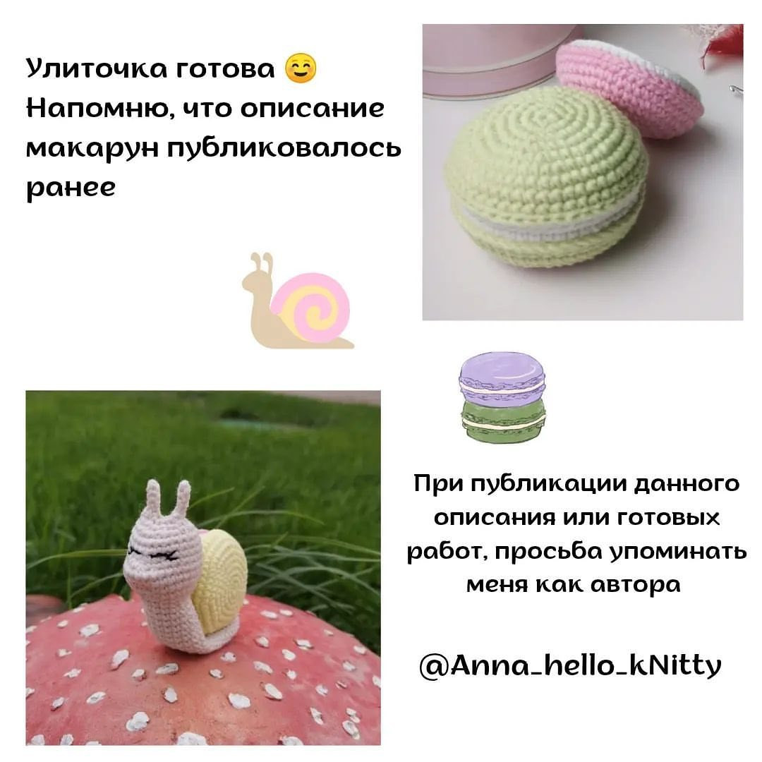 Бесплатное описание улиточки с домиком-макаруном от автора @anna_hello_knitty