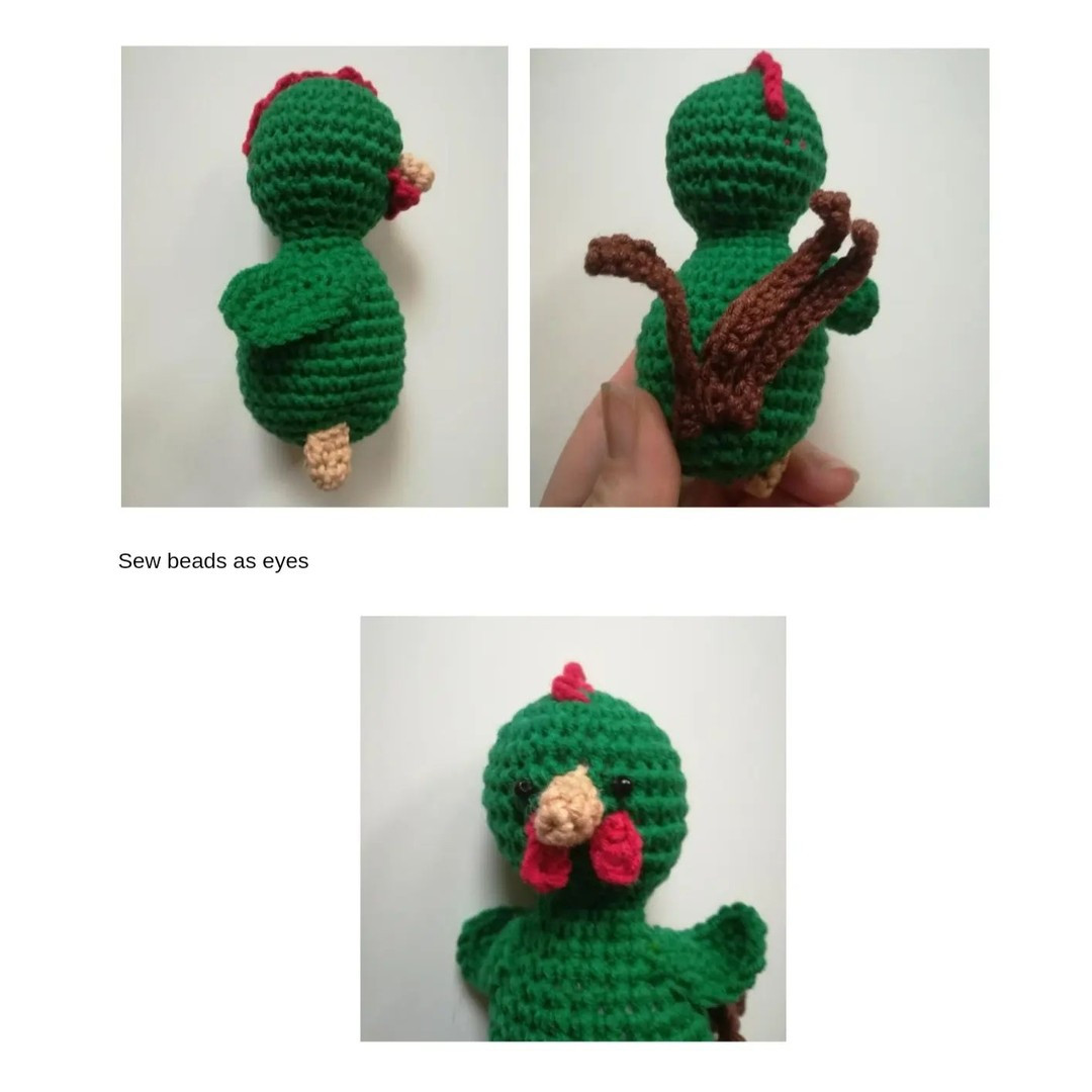 Crochet pattern for brown bird with blue wings.