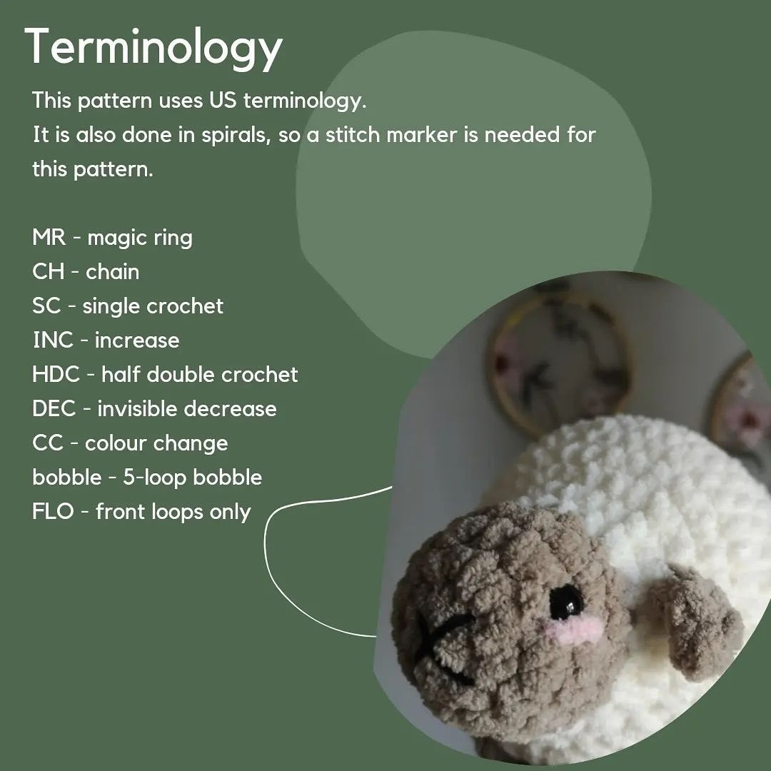 Crochet pattern for white sheep with brown head.