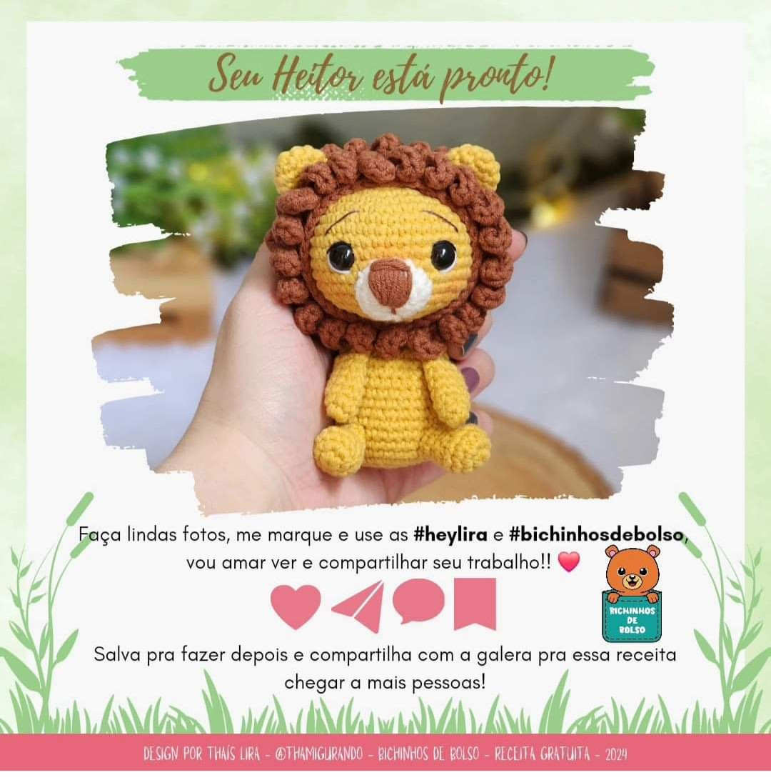 ✨️RECEITA GRATUITA - Heitor, o Leão, para a colab Bichinhos de Bolso | 1ªed. 🐻 #bichinho