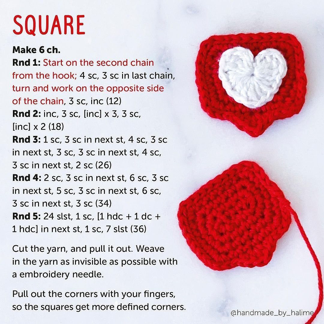 white heart crochet pattern in square.