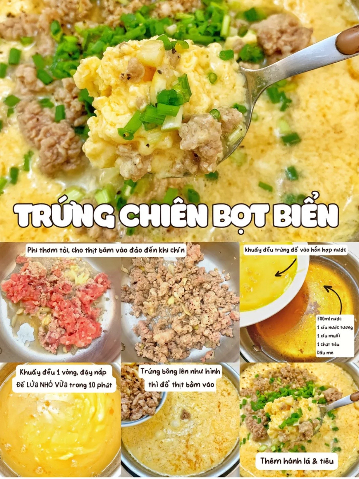 6 Công thức MÓN NGON TỪ TRỨNG - DỄLÀM, HAO CƠM: 
Trứng lòng đào ngâm tương, Trứng sốt tương tỏi, trứng sốt cà chua, trứng chiên bọt biển, canh mây bồng bềnh, Trứng chiên béo mềm.