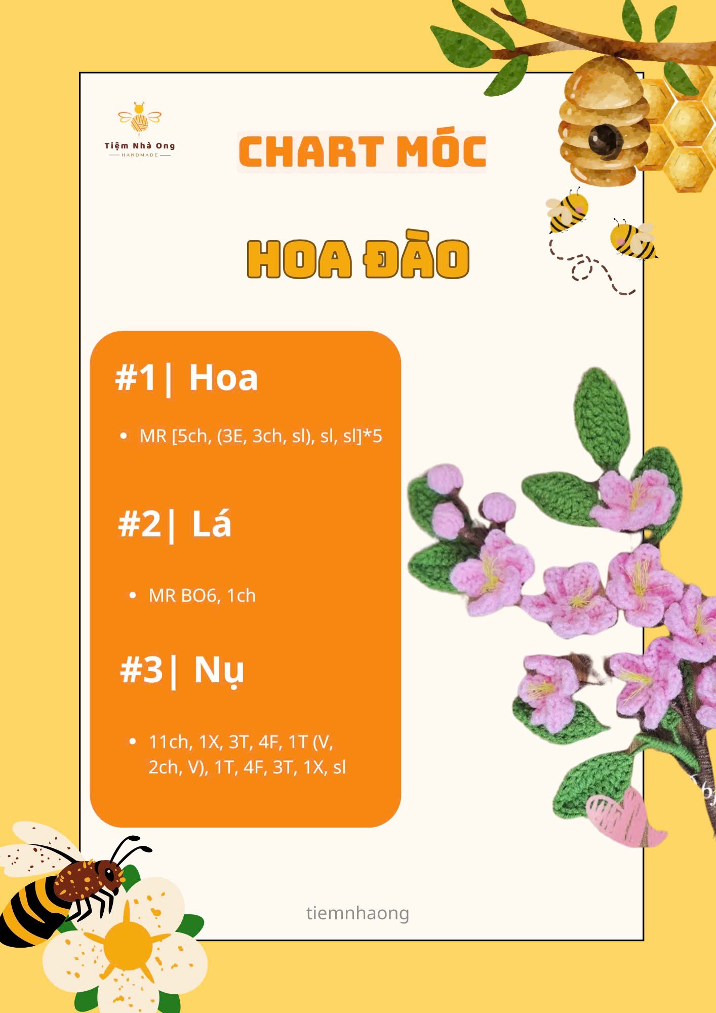 CHART MÓC HOA LEN HANDMADE, hoa chuông, hoa đào, hoa cúc họa mi, hoa cẩm chướng, hoa cẩm tú cầu, hoa ly, hoa tulip mini, hoa anh túc, hoa tiểu lily