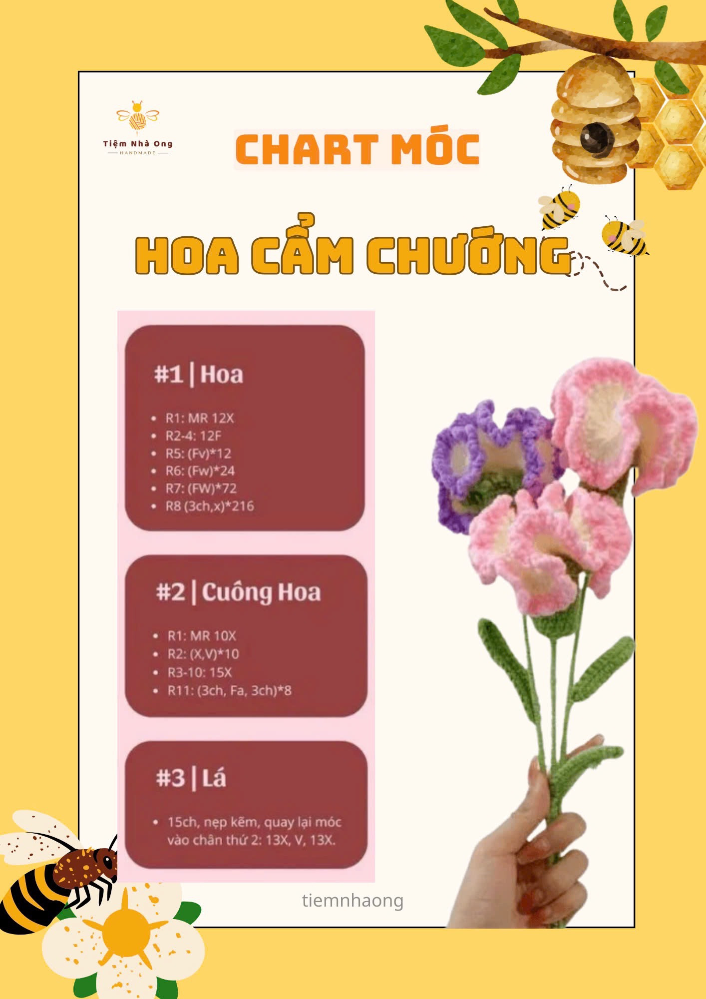 CHART MÓC HOA LEN HANDMADE, hoa chuông, hoa đào, hoa cúc họa mi, hoa cẩm chướng, hoa cẩm tú cầu, hoa ly, hoa tulip mini, hoa anh túc, hoa tiểu lily