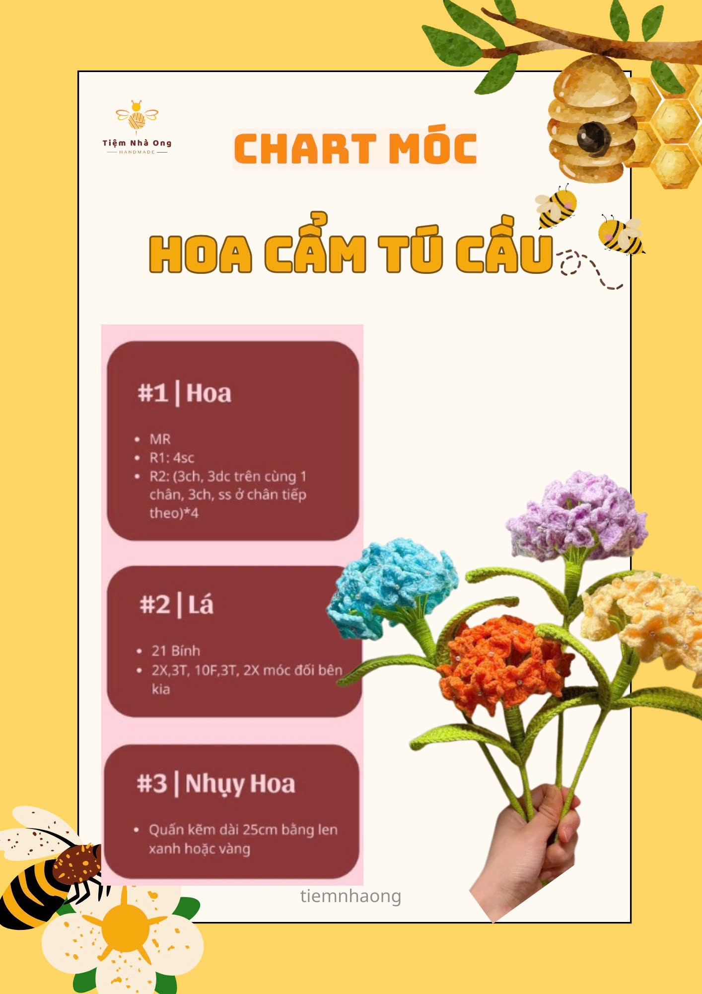 CHART MÓC HOA LEN HANDMADE, hoa chuông, hoa đào, hoa cúc họa mi, hoa cẩm chướng, hoa cẩm tú cầu, hoa ly, hoa tulip mini, hoa anh túc, hoa tiểu lily