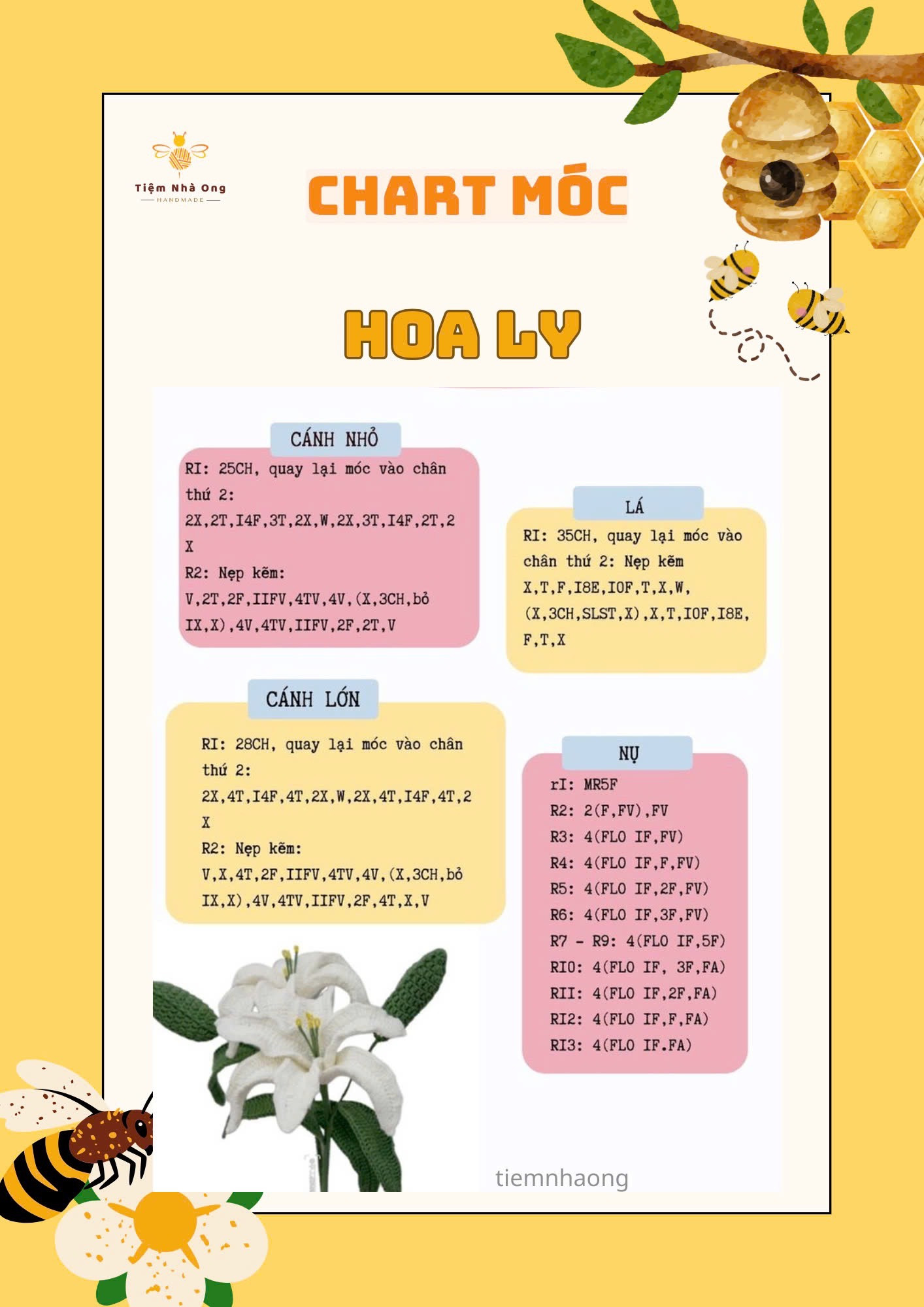 CHART MÓC HOA LEN HANDMADE, hoa chuông, hoa đào, hoa cúc họa mi, hoa cẩm chướng, hoa cẩm tú cầu, hoa ly, hoa tulip mini, hoa anh túc, hoa tiểu lily