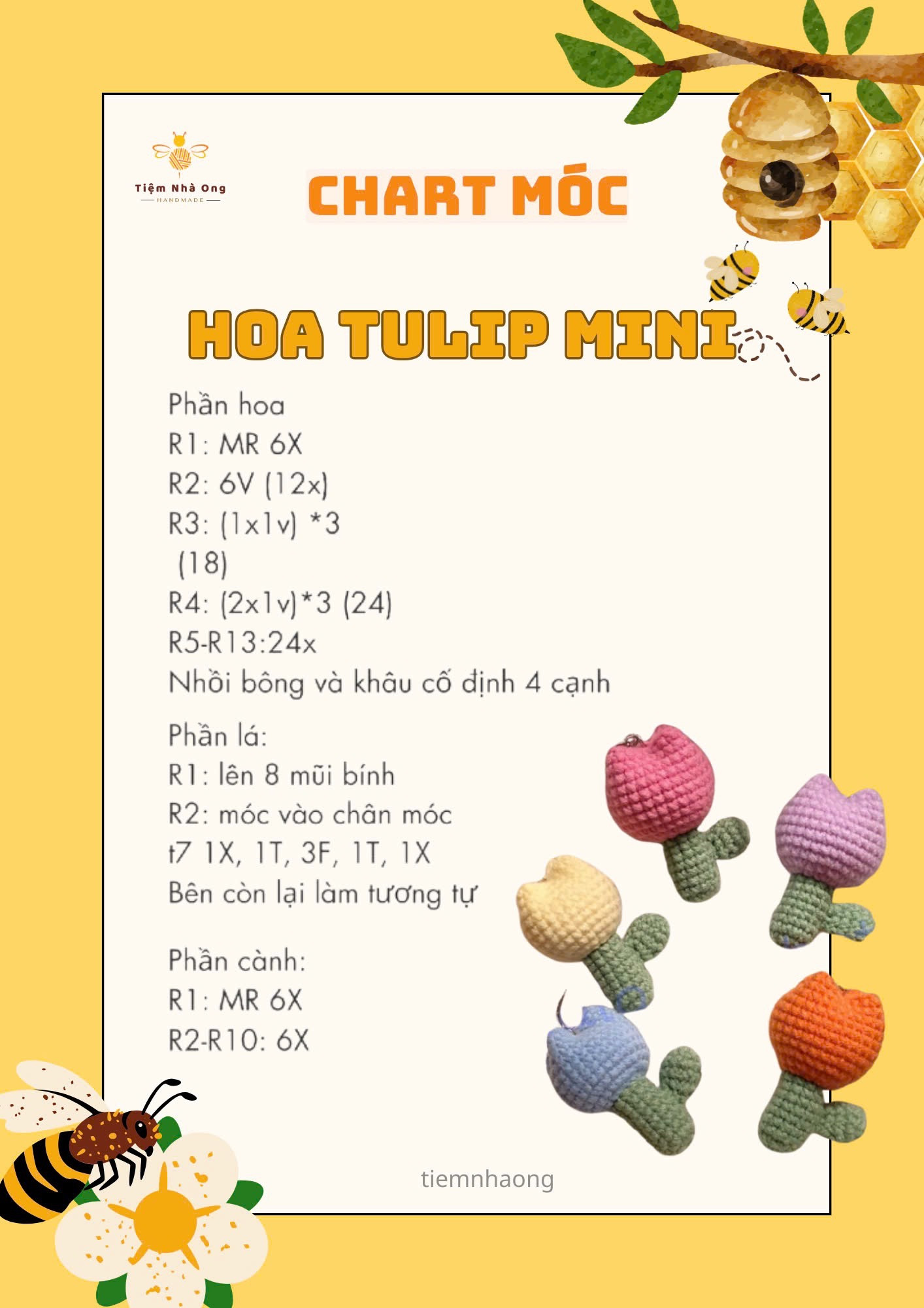 CHART MÓC HOA LEN HANDMADE, hoa chuông, hoa đào, hoa cúc họa mi, hoa cẩm chướng, hoa cẩm tú cầu, hoa ly, hoa tulip mini, hoa anh túc, hoa tiểu lily