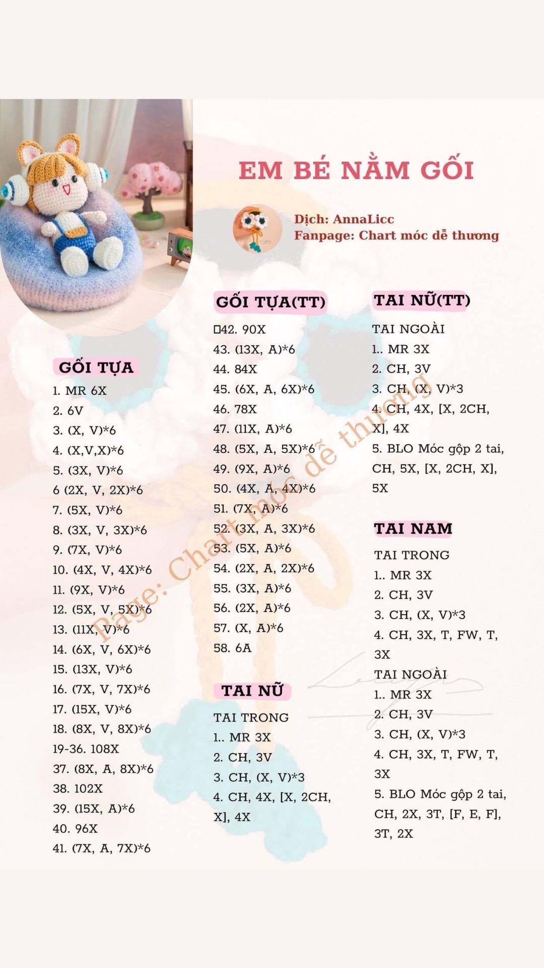 chart móc len em bé nằm gối