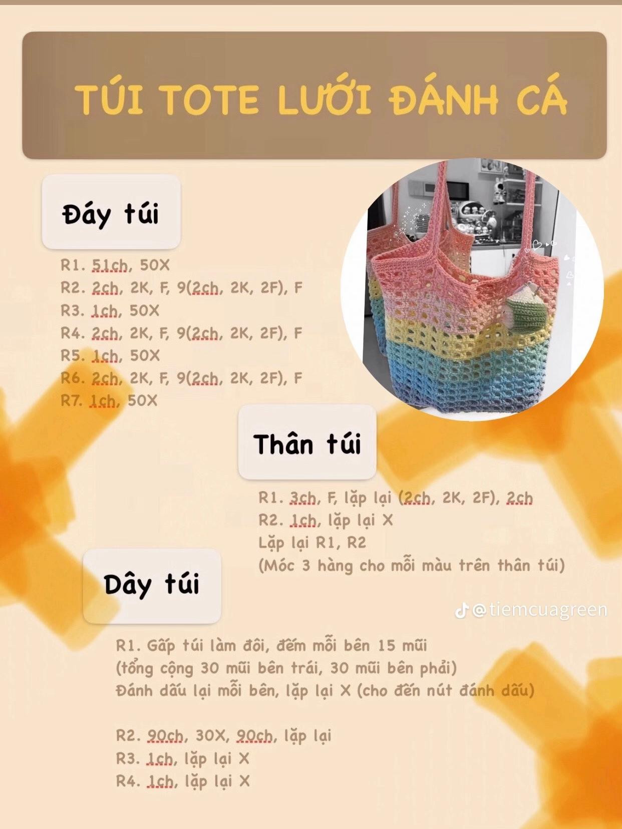 chart túi mắt lé, túi tote lưới đánhcá, túi hoa tulip, túi cá hề, túi quả bơ, túi hoa sơn trà